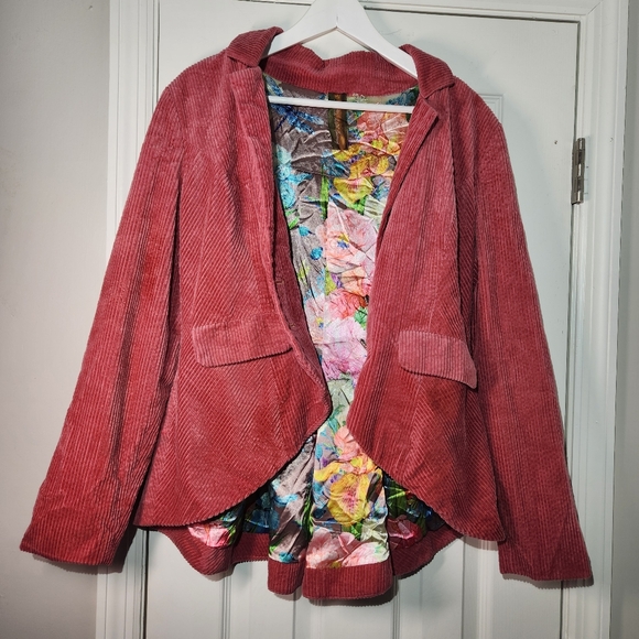 Aratta Anthropologie Pink Corduroy 'Alexander' Jacket Tan Elbows Floral Lined M - Picture 6 of 16
